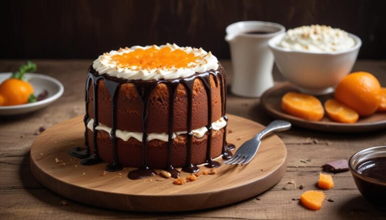 Bolo de cenoura fofinho com cobertura de chocolate cremosa, fatia cortada mostrando a massa laranja e úmida