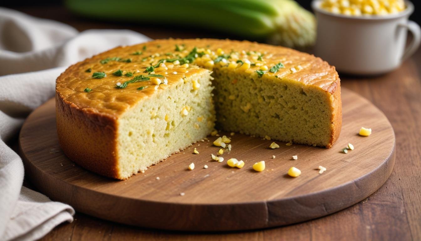 Fatia de bolo de milho verde fofinho e úmido cortado sobre tábua de madeira rústica, mostrando a textura macia da massa caseira