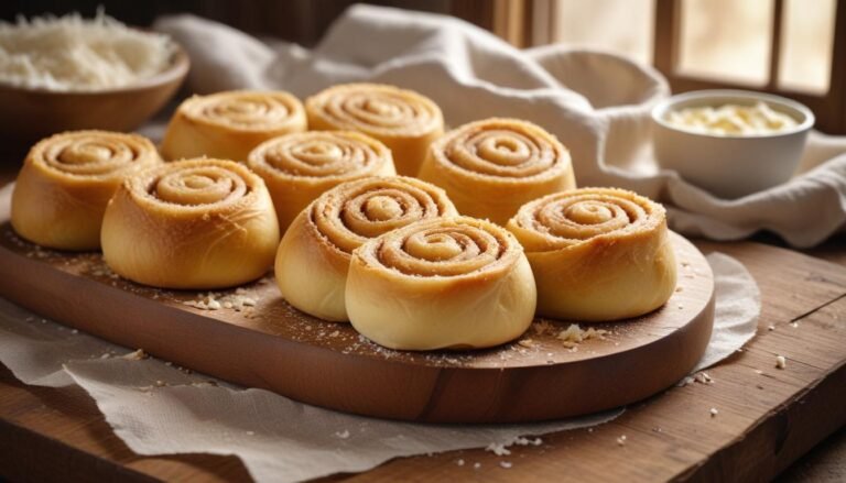 Fatias húngaras caseiras fofinho com recheio cremoso de coco, douradas e dispostas em tábua de madeira rústica