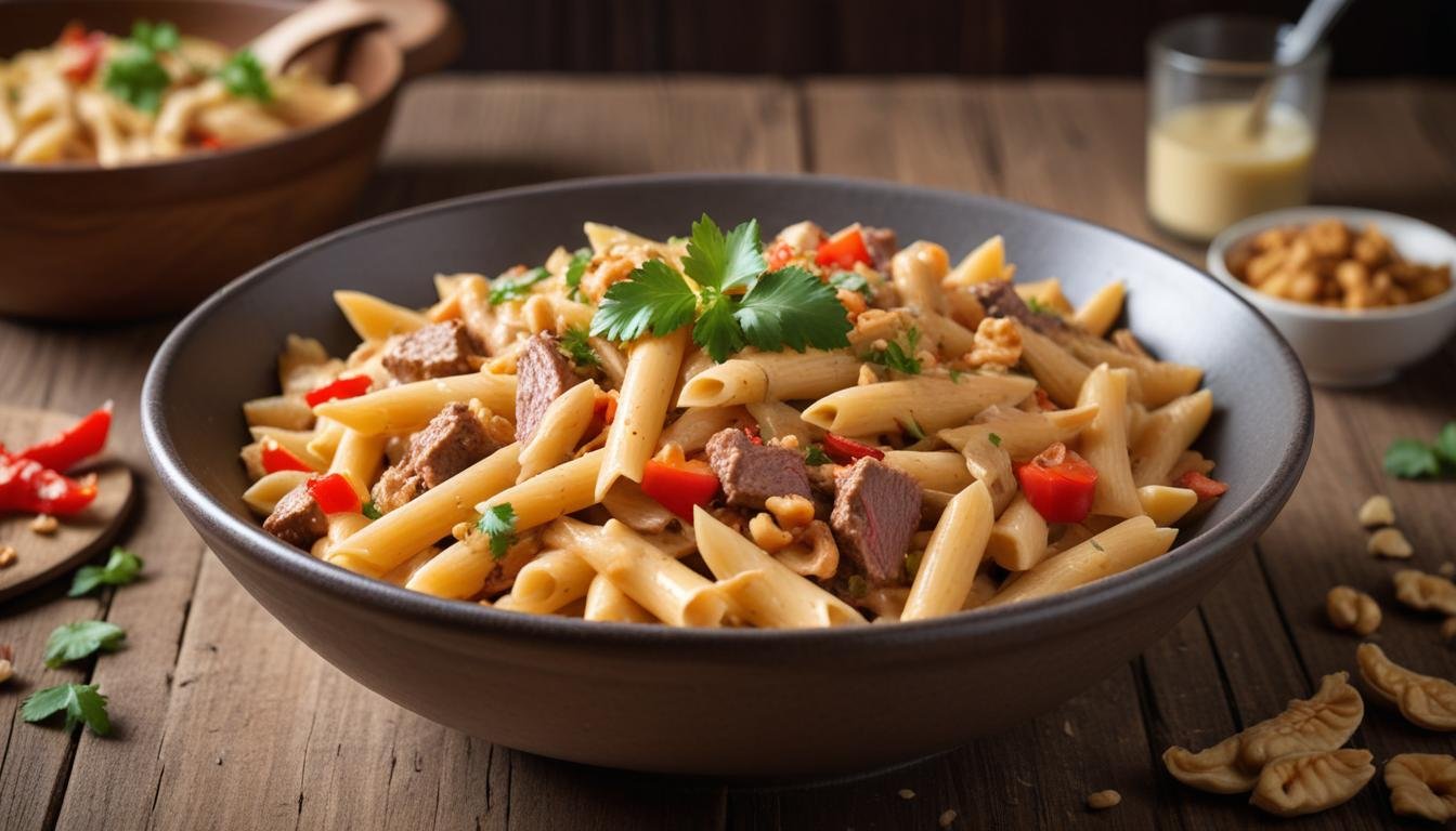 Macarrão exótico cremoso com tiras de carne, leite de coco e especiarias, finalizado com coentro fresco e castanha-de-caju, servido em tigela rústica