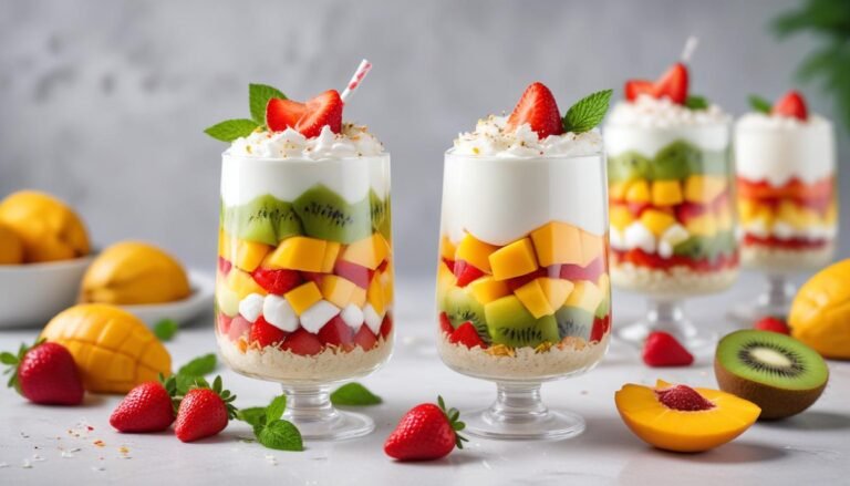 Taça de maria-mole com frutas tropicais, coco ralado e folhas de hortelã, sobremesa brasileira gelada e cremosa