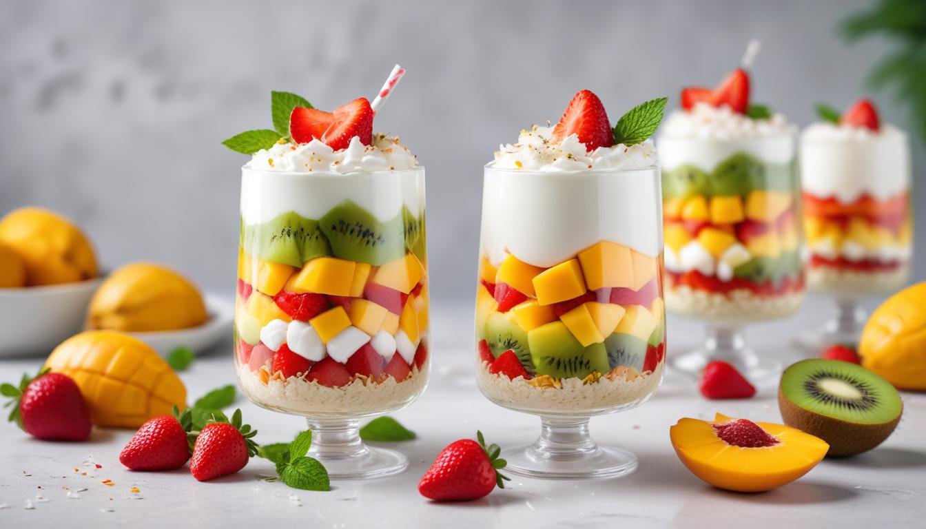 Taça de maria-mole com frutas tropicais, coco ralado e folhas de hortelã, sobremesa brasileira gelada e cremosa