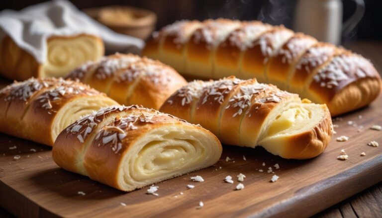 Fatias húngaras caseiras fofinho com recheio cremoso de coco, douradas e frescas saídas do forno, dispostas em tábua de madeira rústica