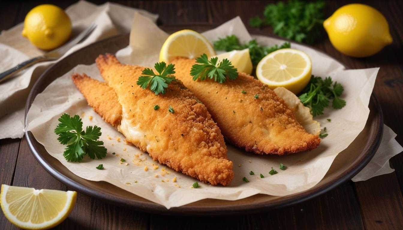 Manjuba frita com parmesão dourada e crocante servida em prato rústico com gomos de limão