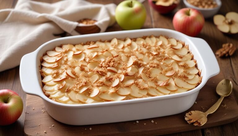 Maçã nevada cremosa em refratário branco com creme de baunilha e coco tostado por cima, vista de cima