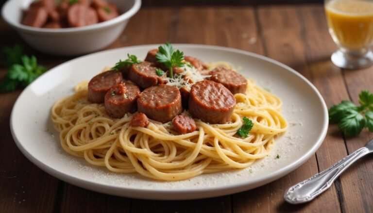 Espaguete cremoso com parmesão e calabresa servido em prato fundo branco, com rodelas de calabresa douradas e salsinha fresca por cima