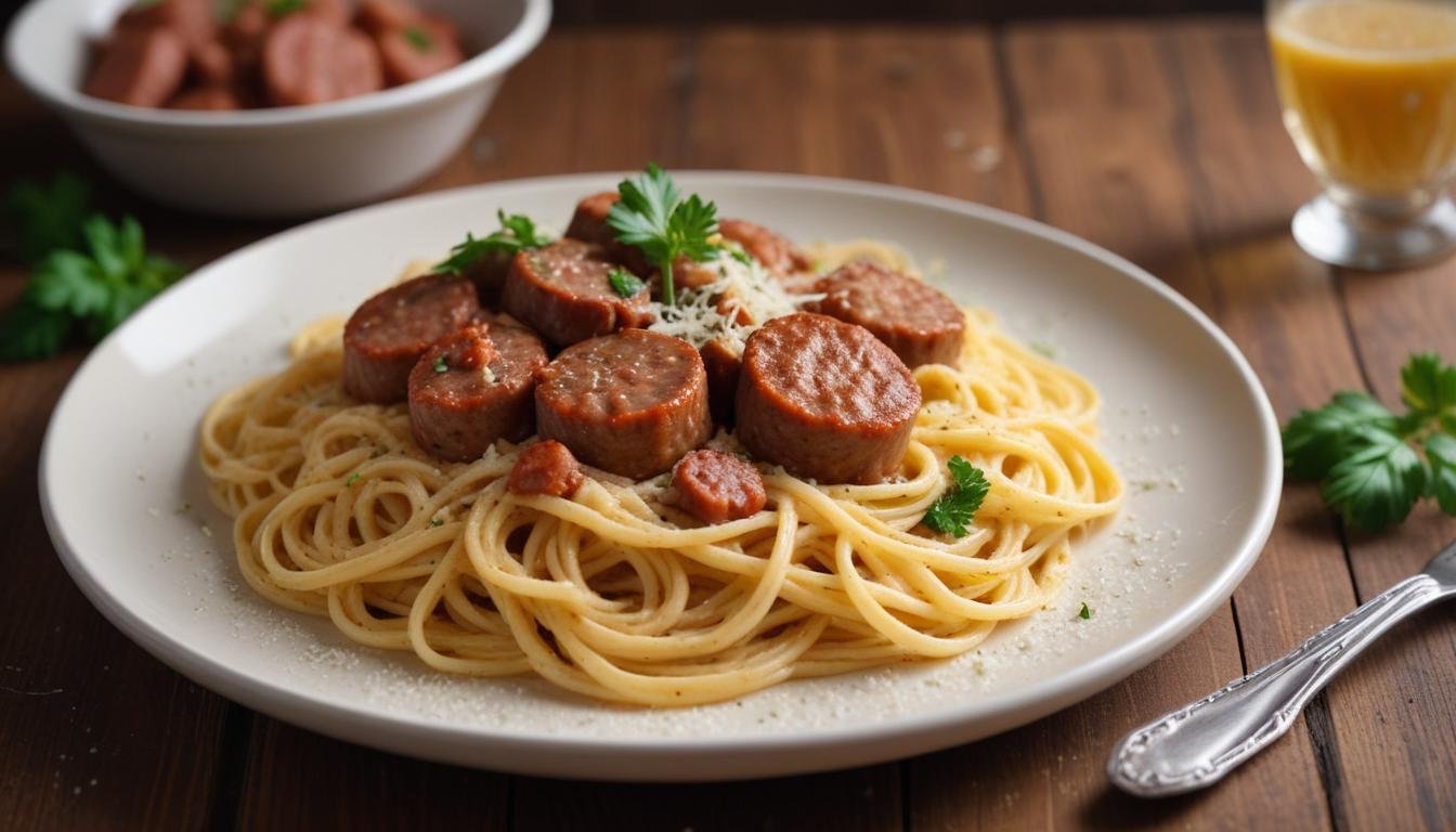 Espaguete cremoso com parmesão e calabresa servido em prato fundo branco, com rodelas de calabresa douradas e salsinha fresca por cima