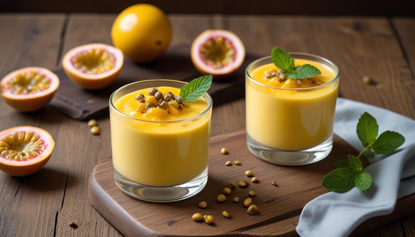 Mousse de maracujá cremoso servido em taça de vidro com sementes de maracujá fresco por cima