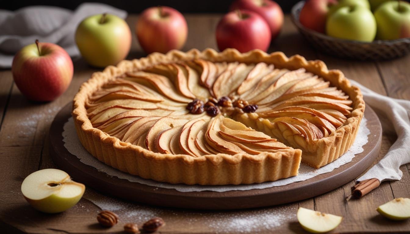 Fatia de torta alemã de maçã com grade dourada e recheio de maçãs com uvas-passas, polvilhada com açúcar de confeiteiro