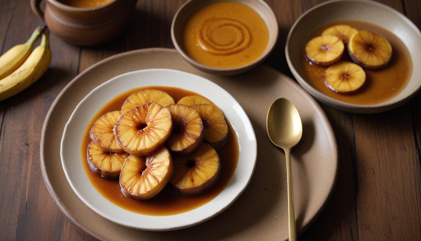 Banana da terra caramelada dourada com calda âmbar e canela em pó servida em prato rústico