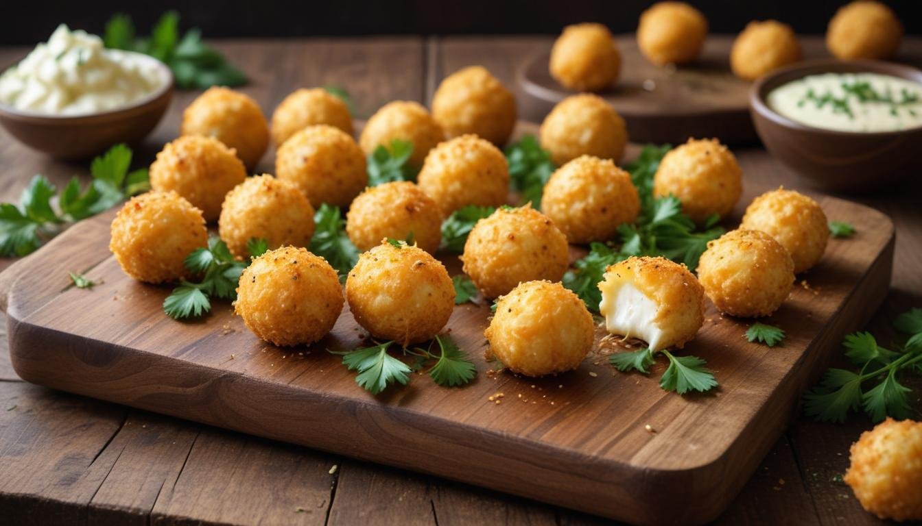 Bolinhas de queijo douradas e crocantes com recheio de mussarela derretida em tábua de madeira rústica