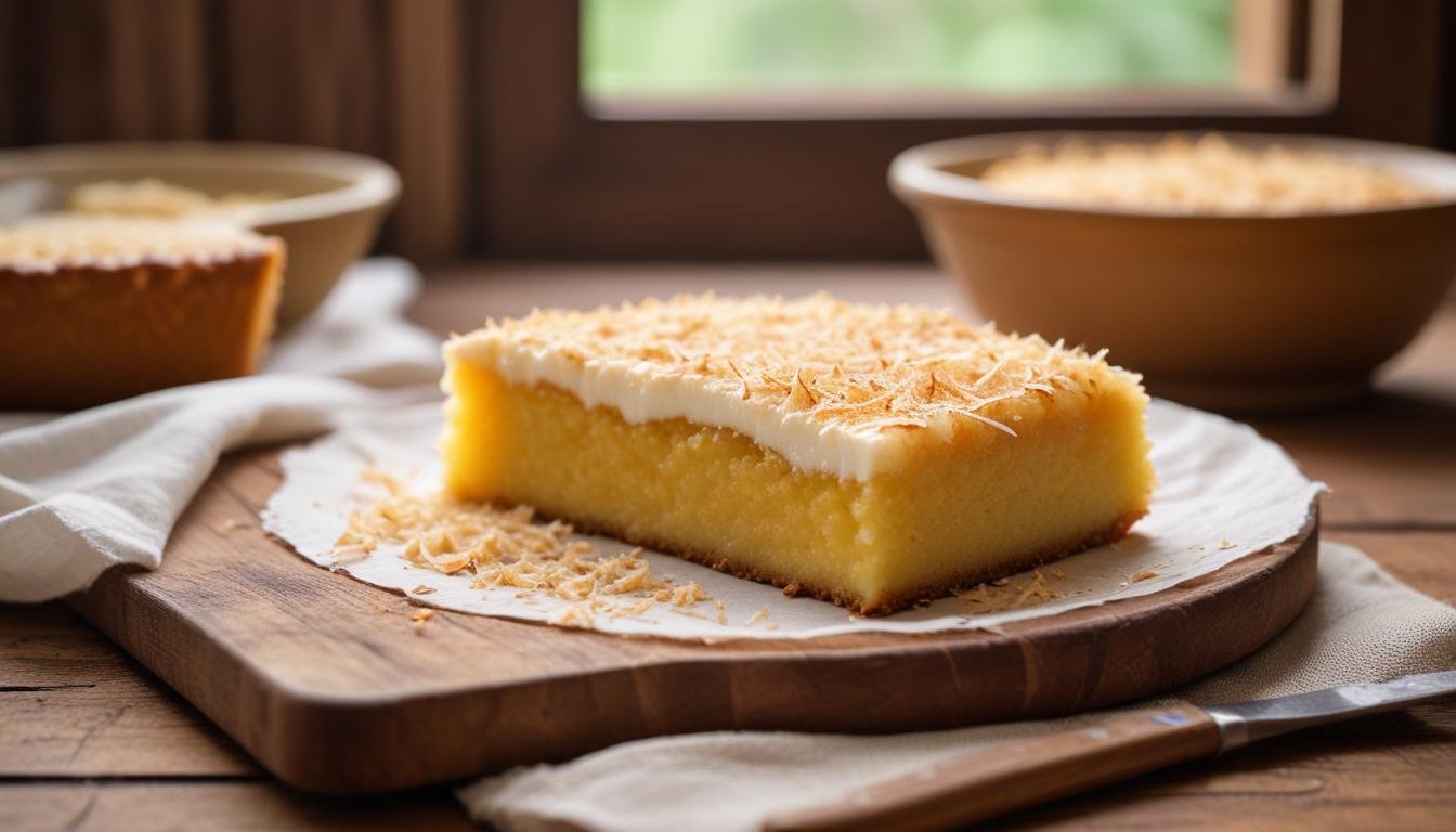 Fatias de bolo de mandioca fofinho com coco ralado sobre tábua de madeira rústica