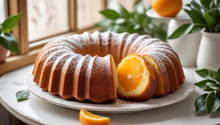 Bolo de laranja fofinho e dourado em forma de furo, polvilhado com açúcar de confeiteiro e decorado com fatias de laranja fresca