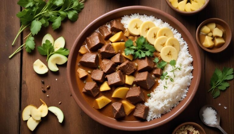Picadinho indiano cremoso com curry, frutas e especiarias servido em tigela rústica com arroz branco
