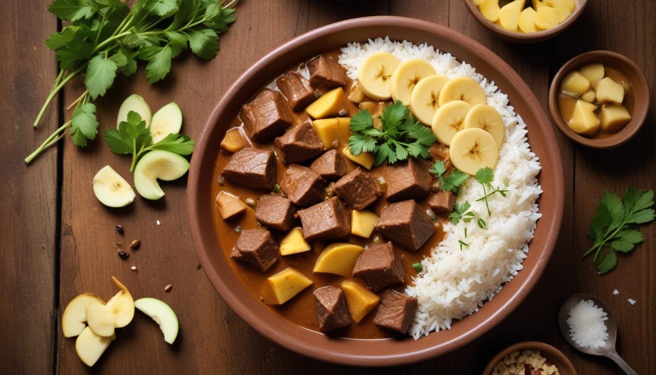 Picadinho indiano cremoso com curry, frutas e especiarias servido em tigela rústica com arroz branco