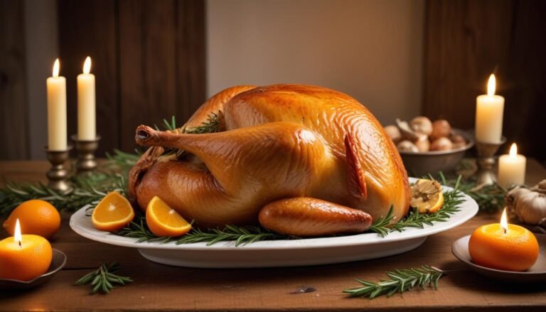 Peru assado simples inteiro e dourado sobre travessa branca, decorado com alecrim e fatias de laranja, pronto para servir na ceia