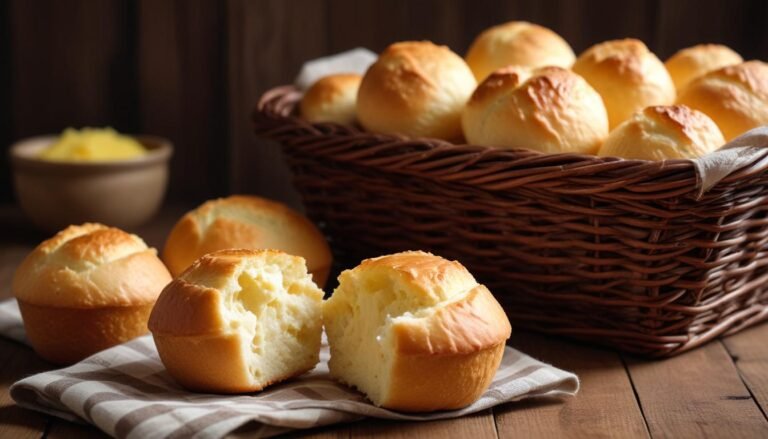 Pão de queijo mineiro tradicional dourado e fofinho em cesta de palha, com um cortado ao meio mostrando o interior cremoso