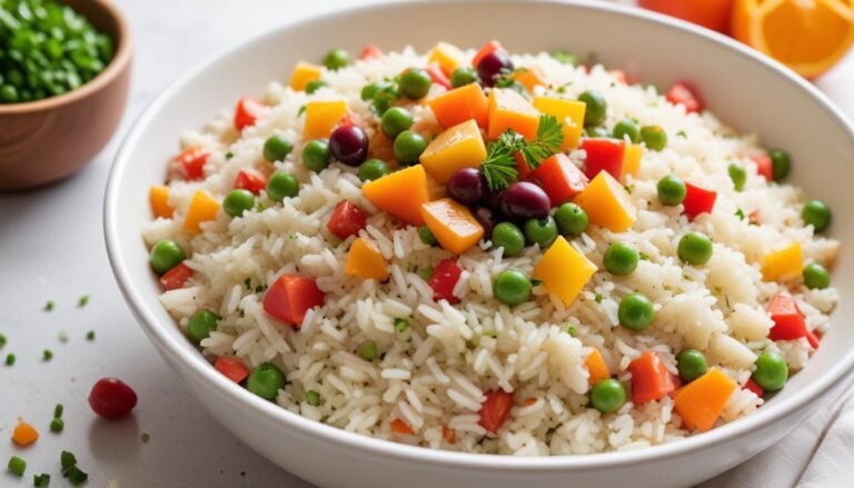 Arroz à grega perfeito servido em travessa branca com legumes coloridos, ervilhas, passas e parmesão ralado