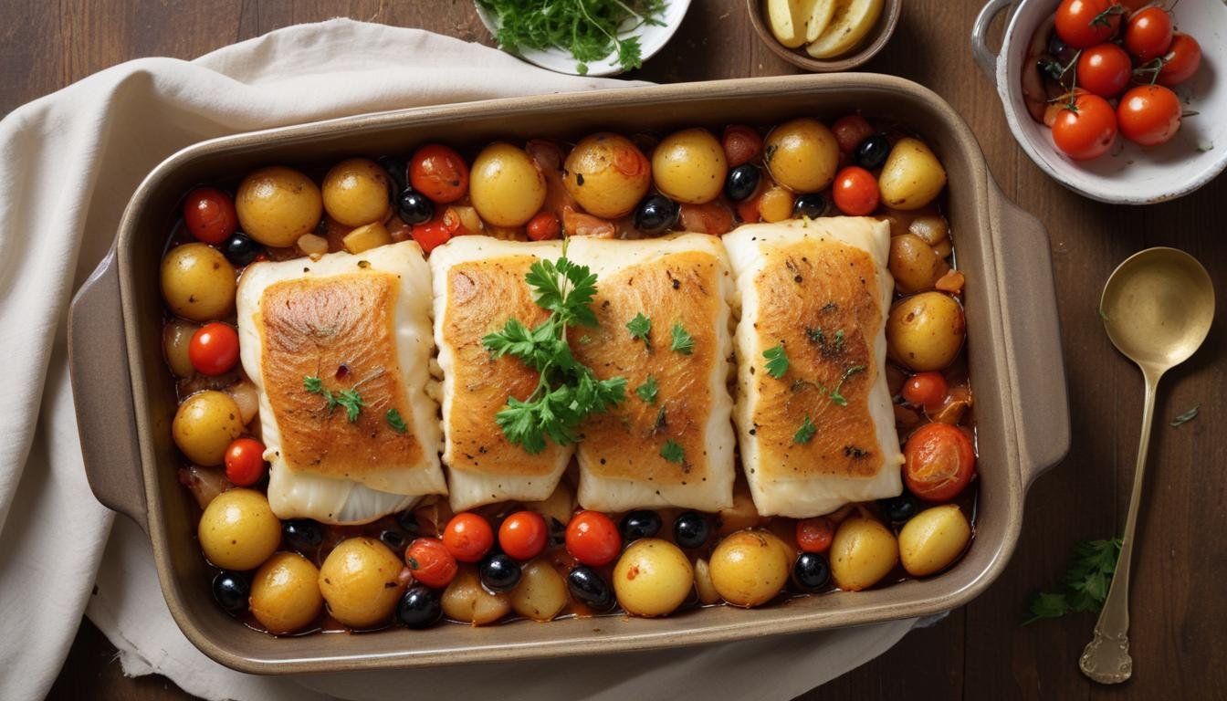 Bacalhau ao forno dourado com batatas, cebolas caramelizadas e azeitonas em travessa rústica, regado com azeite e finalizado com salsa fresca