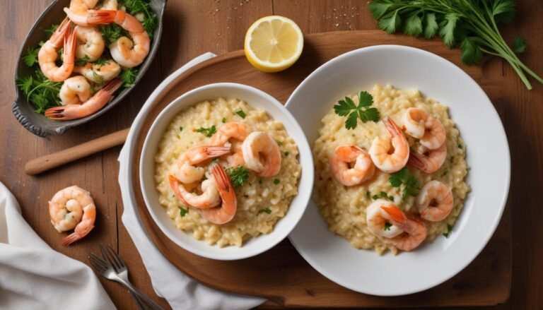 Risoto de camarão cremoso servido em prato fundo branco com camarões grelhados por cima e salsinha fresca