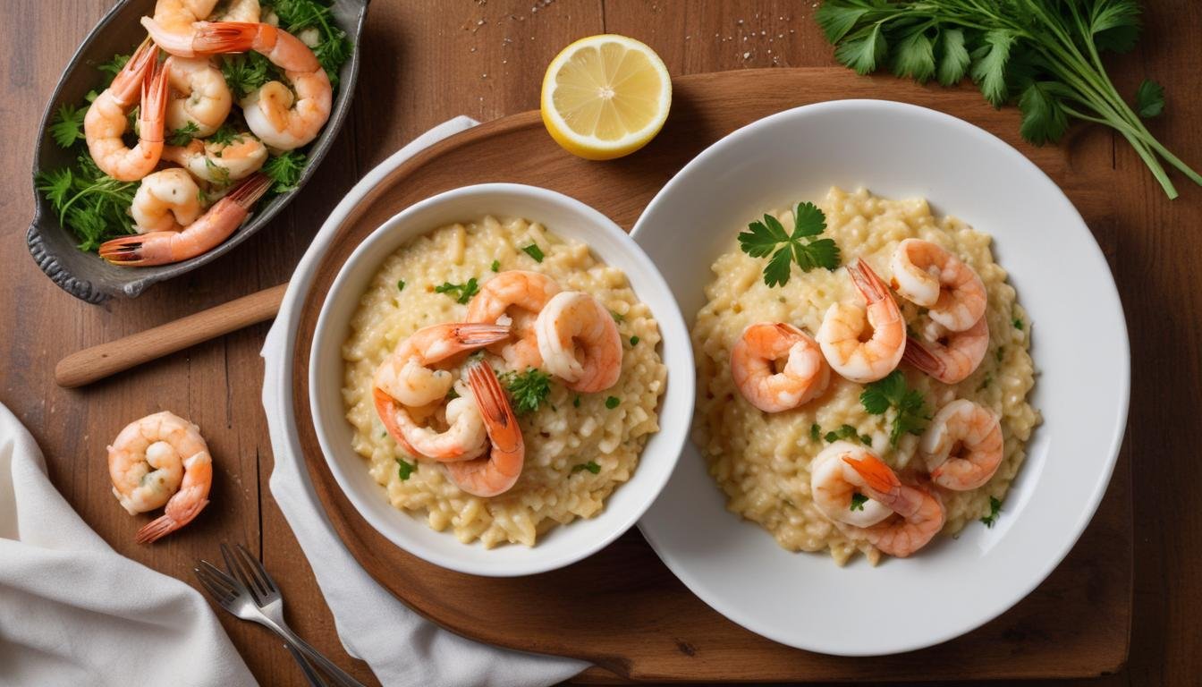 Risoto de camarão cremoso servido em prato fundo branco com camarões grelhados por cima e salsinha fresca