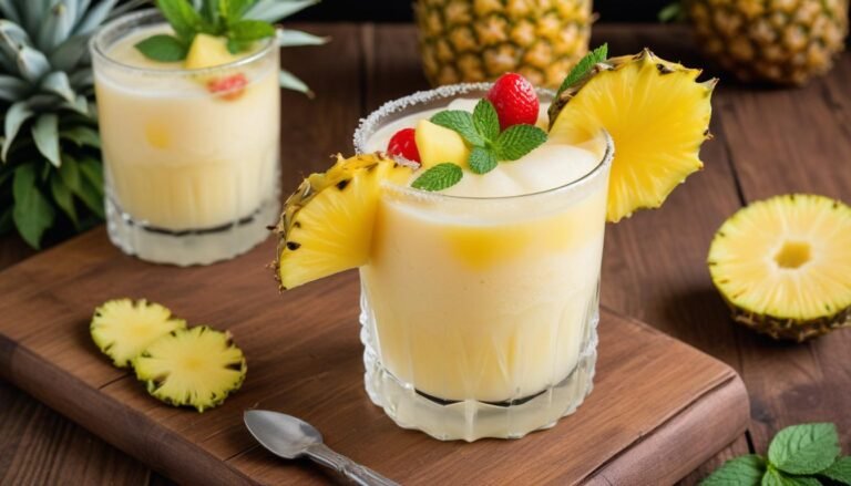 Batidinha de frutas cremosa servida em copo gelado com decoração de abacaxi e hortelã