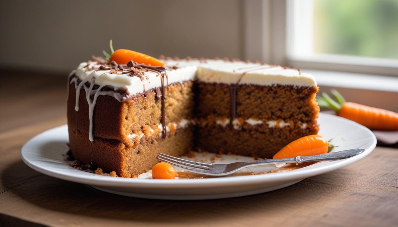 Fatia de bolo de cenoura fofinho com cobertura de chocolate cremosa escorrendo pelas laterais, servida em prato branco
