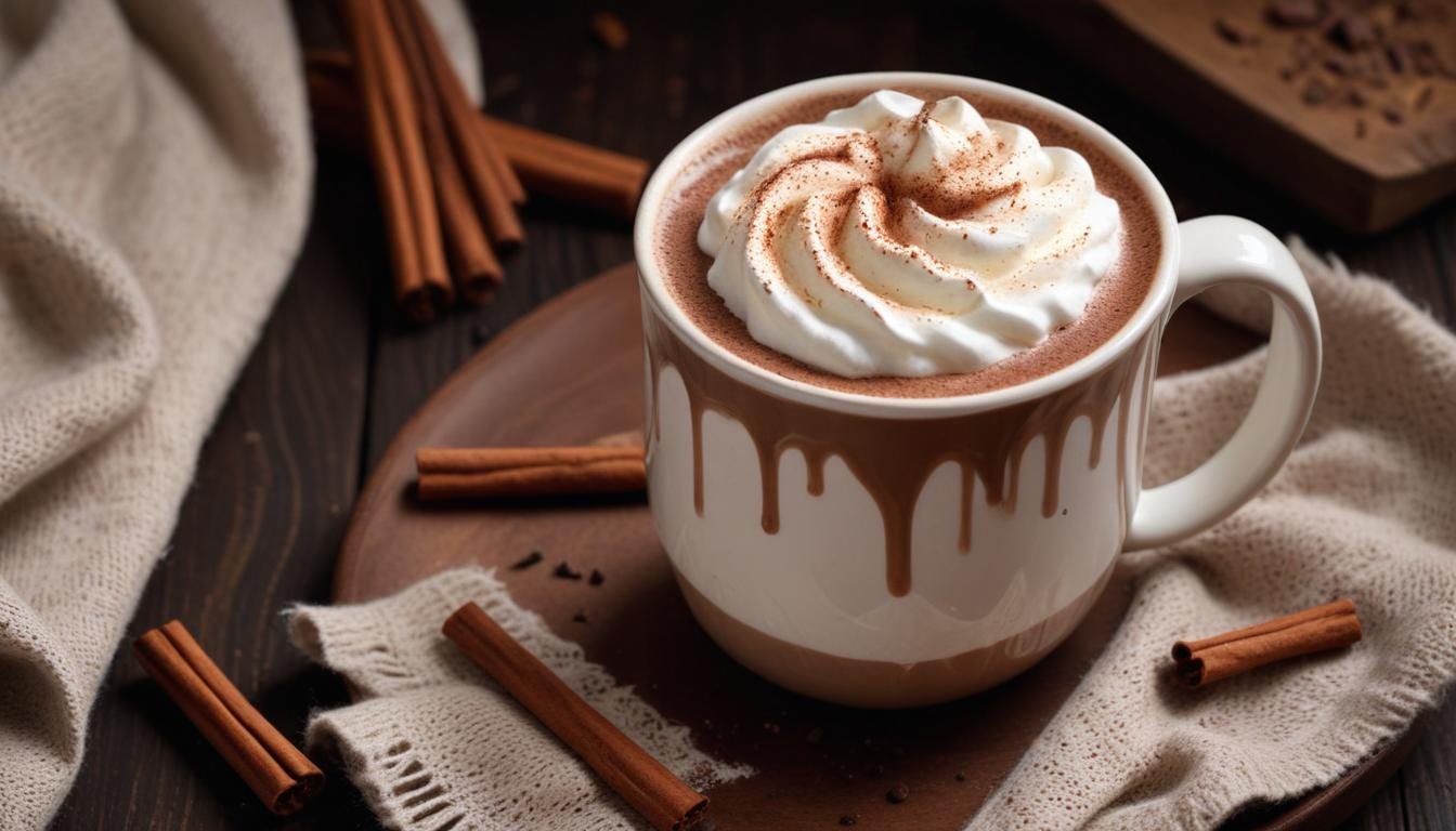 Xícara de chocolate quente especial cremoso com chantilly e canela polvilhada, servido em caneca rústica sobre mesa de madeira