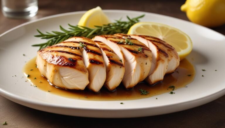 Frango grelhado com limão dourado na frigideira, servido com fatias de limão-siciliano e ramos de tomilho fresco em prato branco rústico