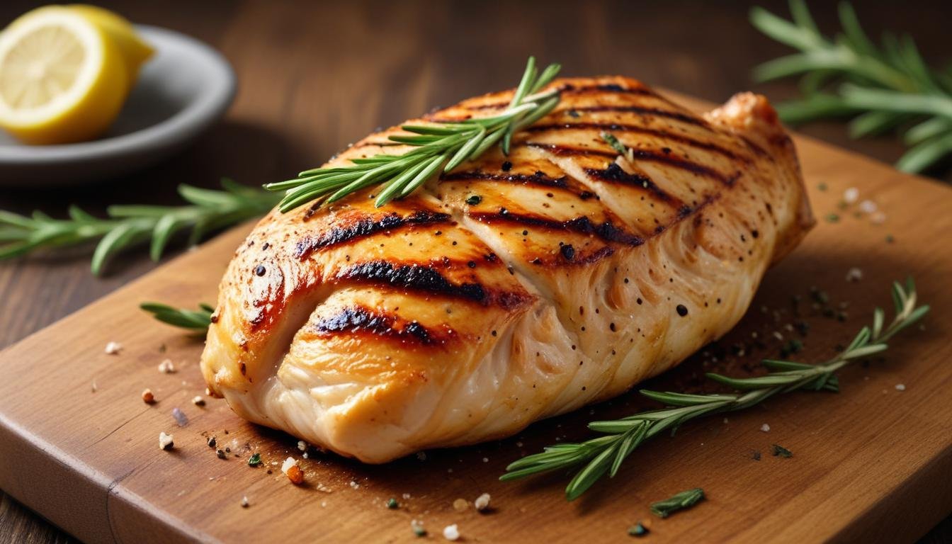 Frango grelhado simples e suculento com crosta dourada, servido em tábua de madeira com rodelas de limão e ervas frescas