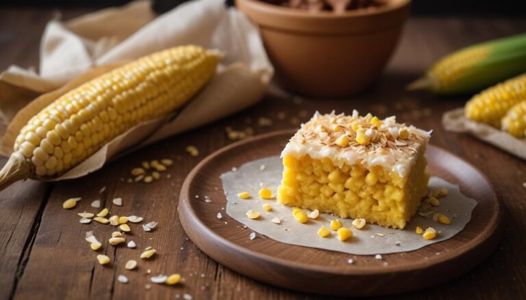 Pamonha doce tradicional brasileira aberta na palha de milho, com massa cremosa e coco ralado, sobre mesa rústica de madeira