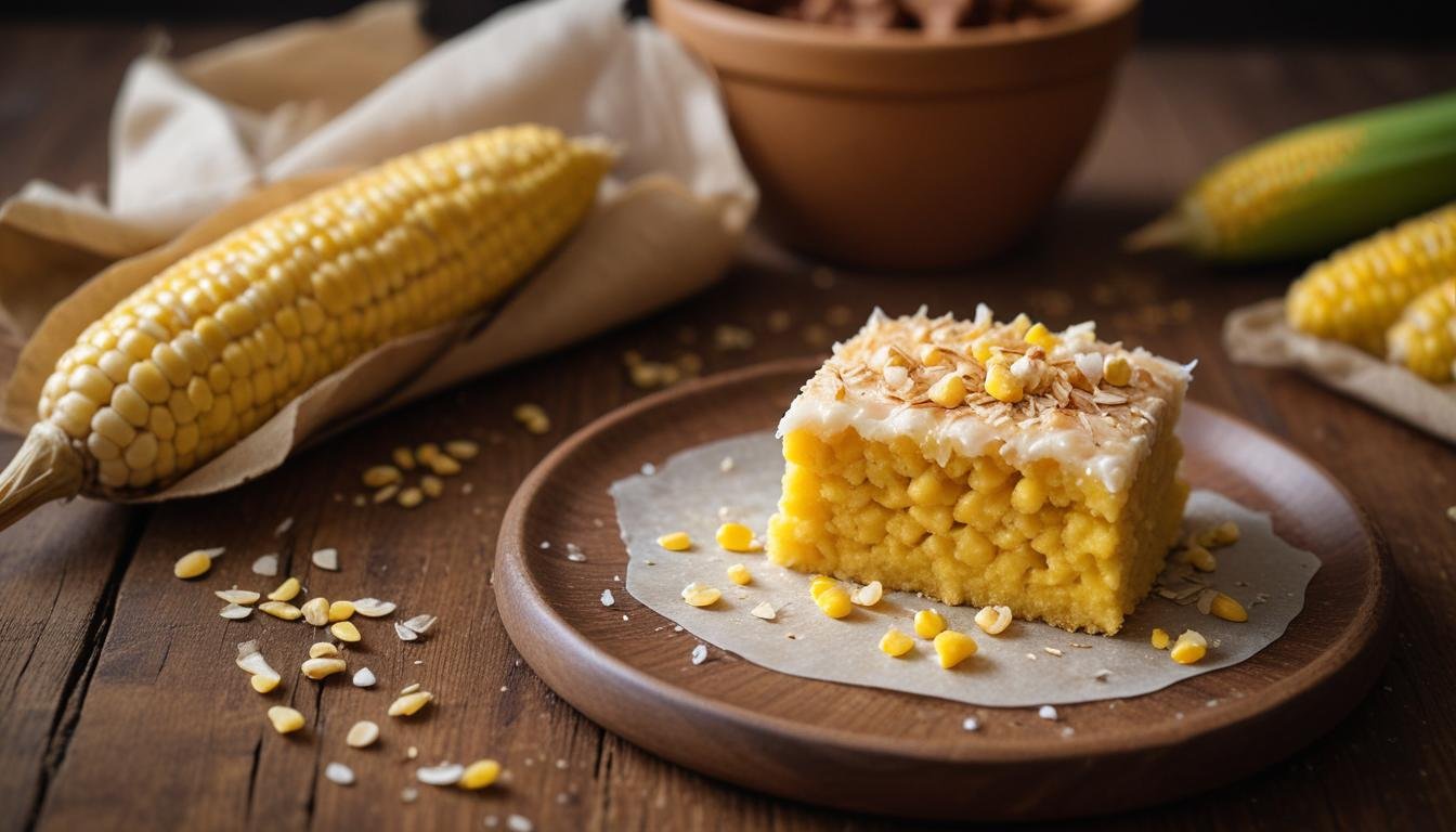 Pamonha doce tradicional brasileira aberta na palha de milho, com massa cremosa e coco ralado, sobre mesa rústica de madeira