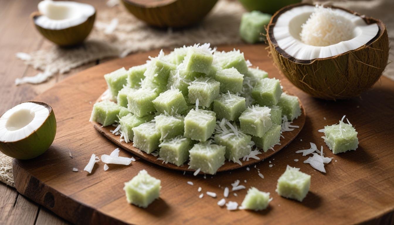 Cocada de coco verde cremosa servida em tabuleiro de madeira rústico com cravos-da-índia, receita tradicional brasileira