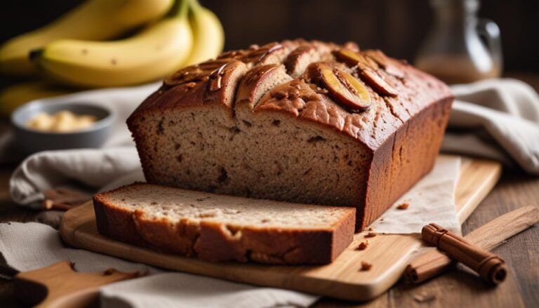 Fatia de bolo integral de banana fofinho com rodelas de banana caramelizadas por cima e canela polvilhada, servido sobre tábua de madeira rústica