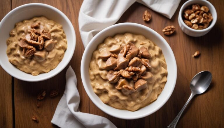 Estrogonofe de nozes fácil e cremoso servido em tigela branca com nozes inteiras decorando por cima
