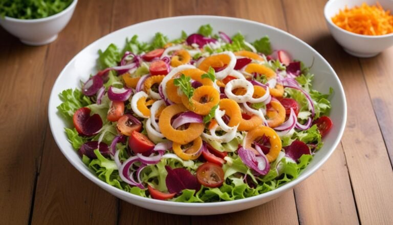 Salada simples colorida com alface, cenoura ralada, beterraba e tomate em uma tigela branca com molho de azeite