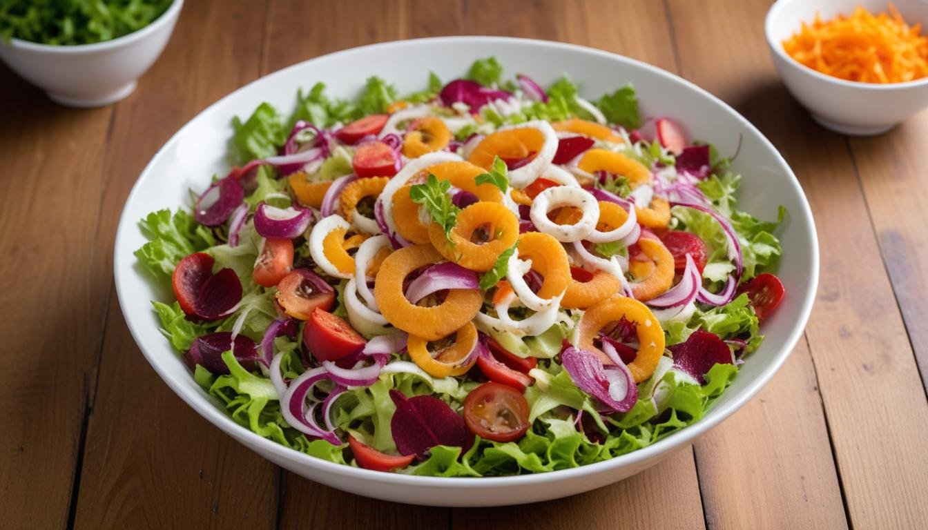 Salada simples colorida com alface, cenoura ralada, beterraba e tomate em uma tigela branca com molho de azeite