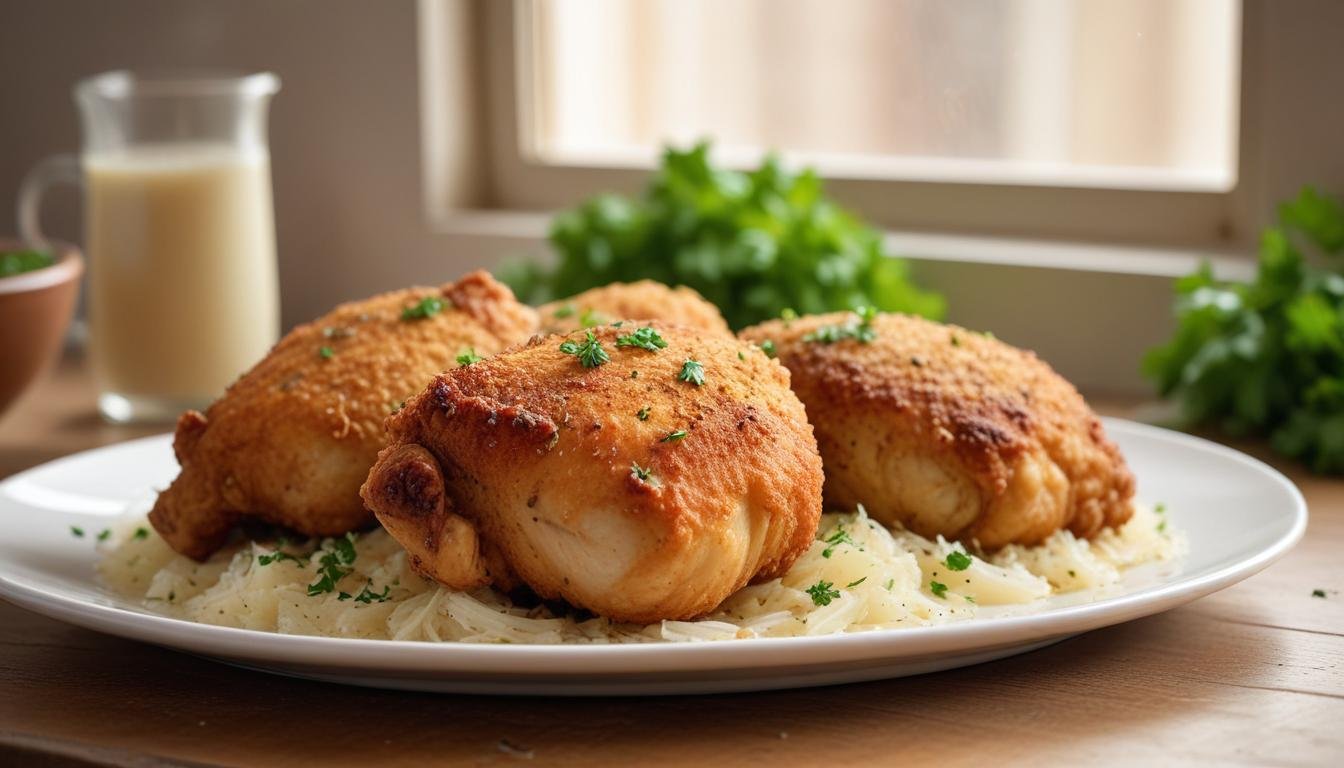 Frango simples delicioso assado com crosta dourada de maionese e sopa de cebola servido em prato rústico