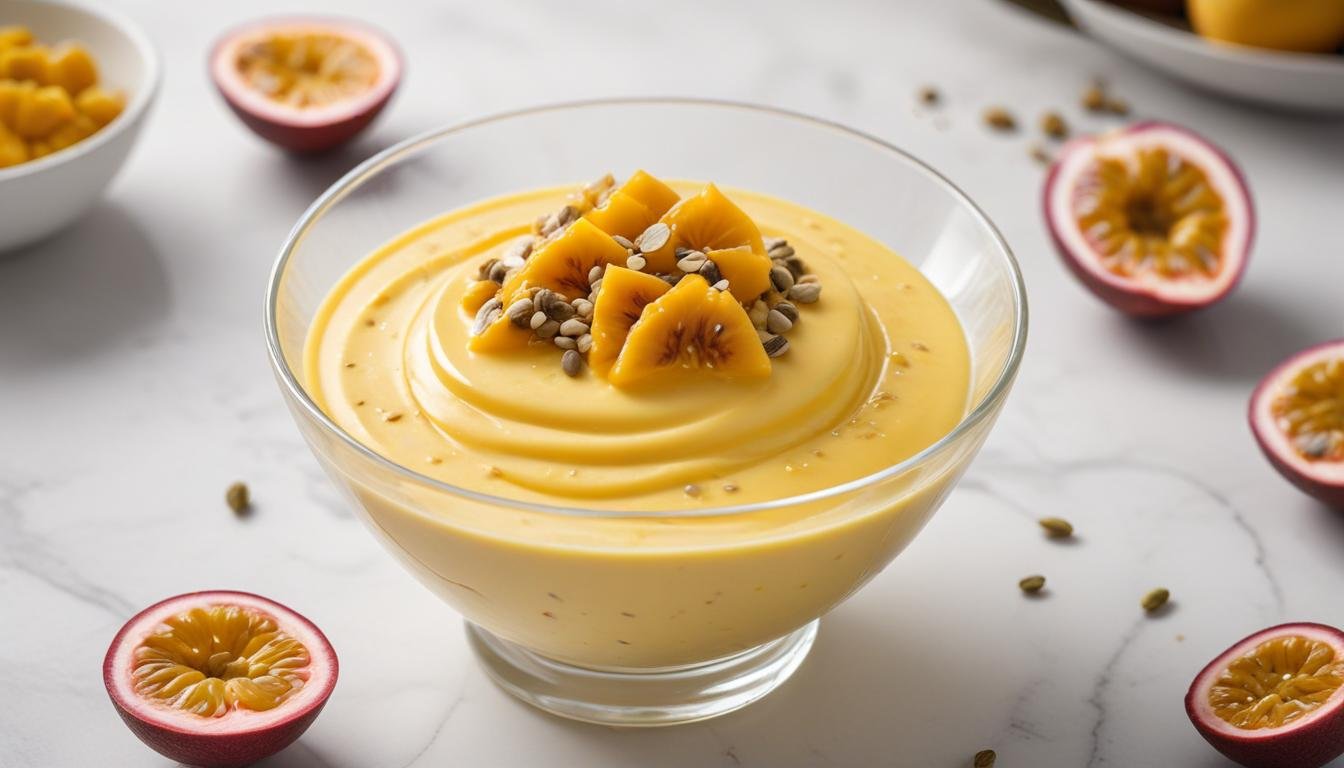 Mousse de maracujá light cremoso servido em taça de vidro com polpa de maracujá por cima