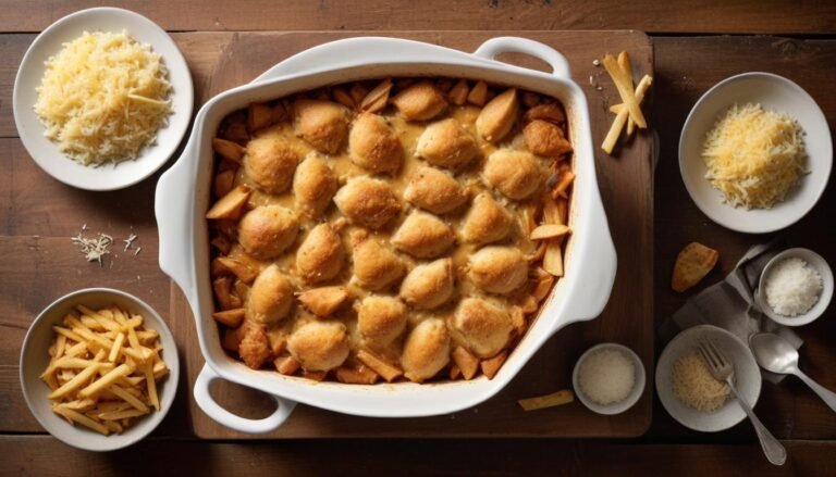 Receita prática das sete latas gratinada com queijo dourado em travessa branca, servida com arroz branco e batata palha