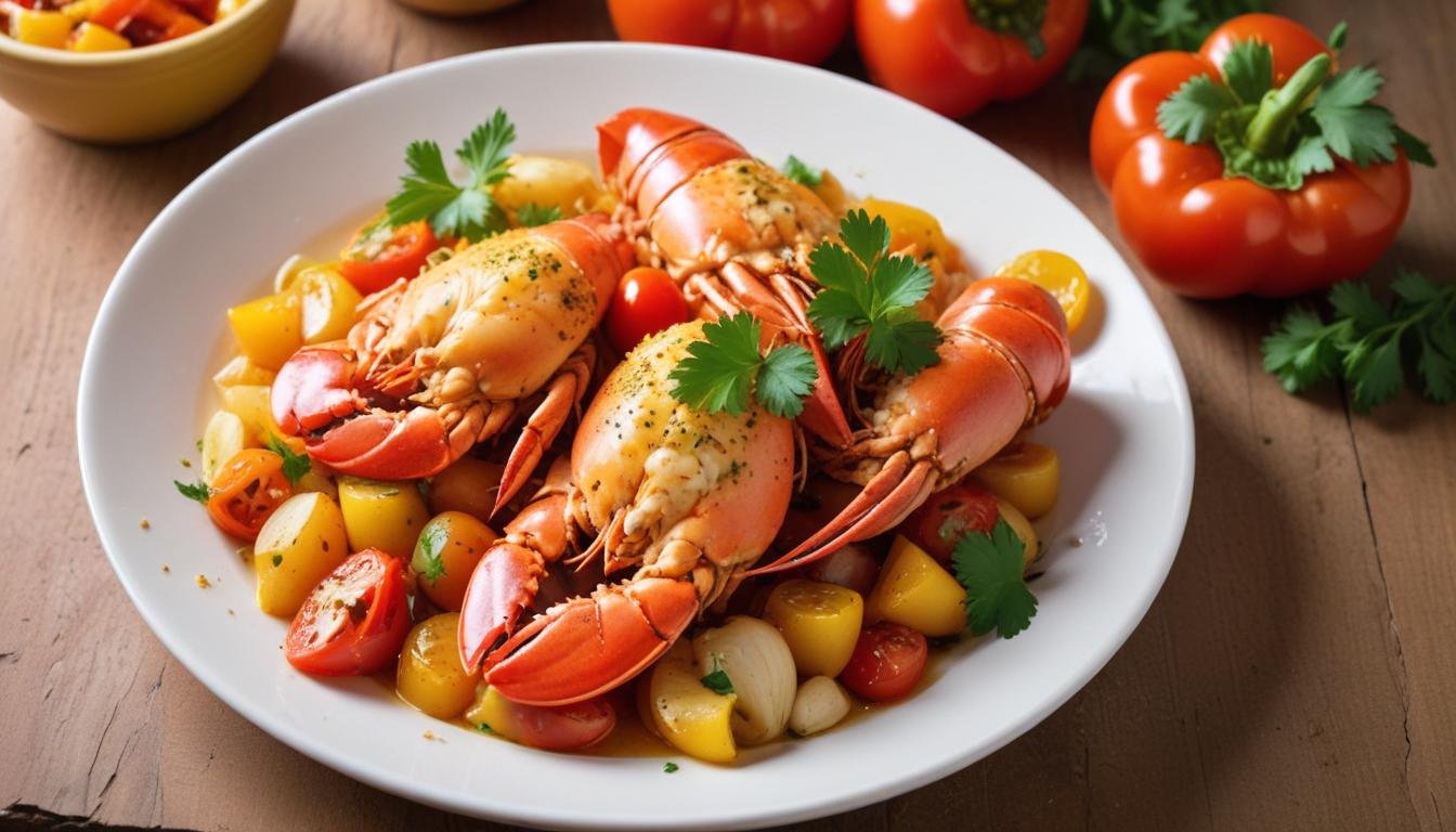 Lagosta caprichada ao alho e óleo dourada na frigideira, servida com molho de legumes coloridos e coentro fresco