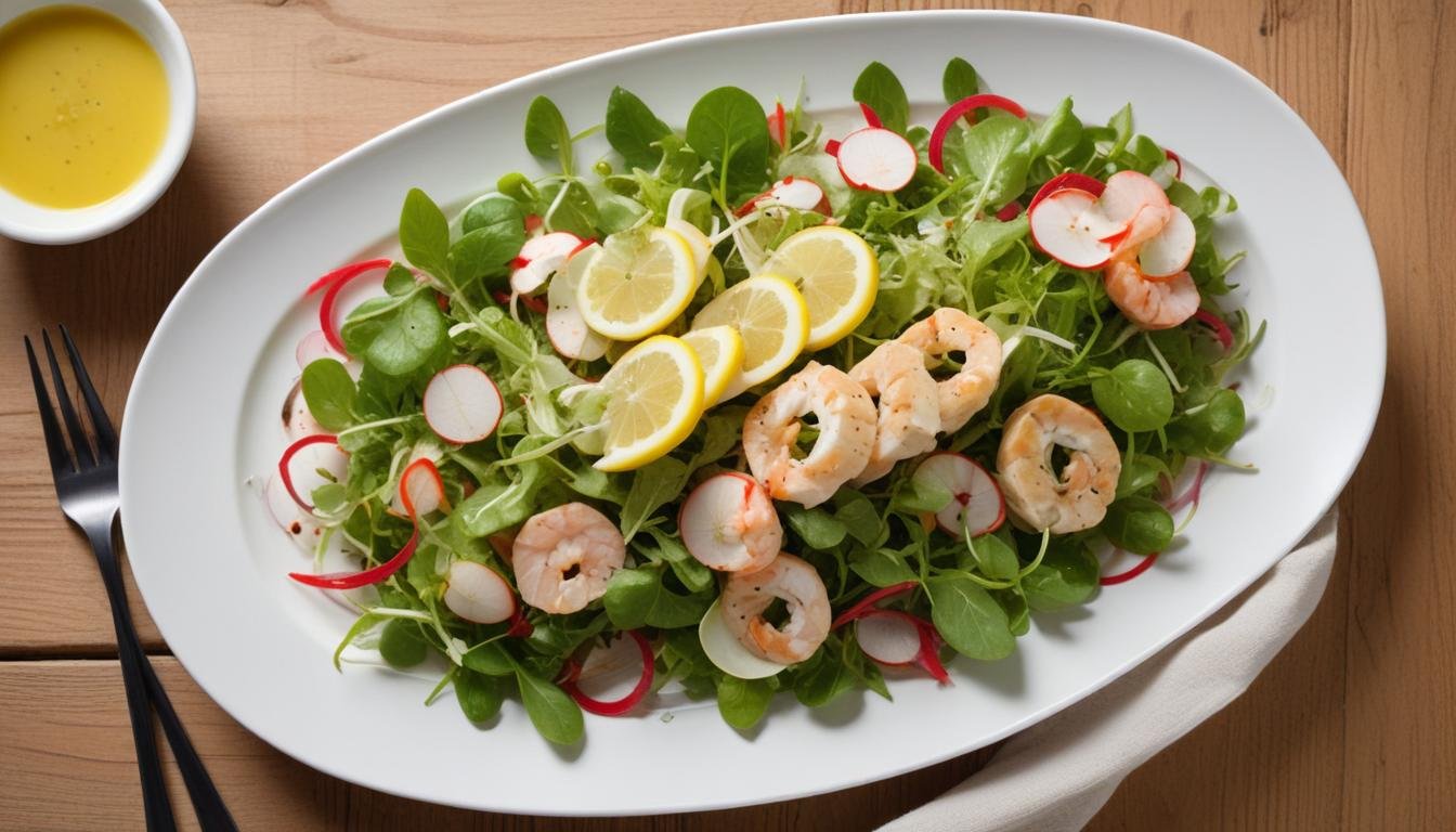 Salada verde com kani kama em prato branco, com folhas frescas de alface, agrião e acelga regadas com molho cremoso de limão