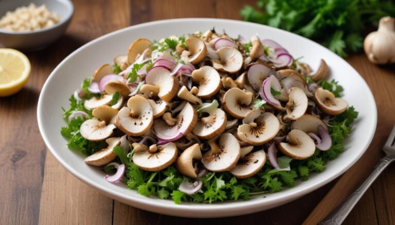Salada de cogumelos com shimeji, cogumelo paris, cebola roxa e molho de limão em tigela branca