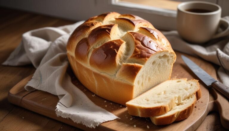 Pão fácil fofinho caseiro fatiado sobre tábua de madeira rústica, com casca dourada e miolo macio