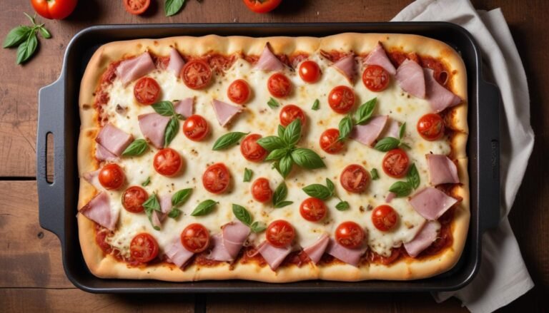 Pizza rápida caseira de liquidificador com queijo derretido, presunto e tomate, recém-saída do forno