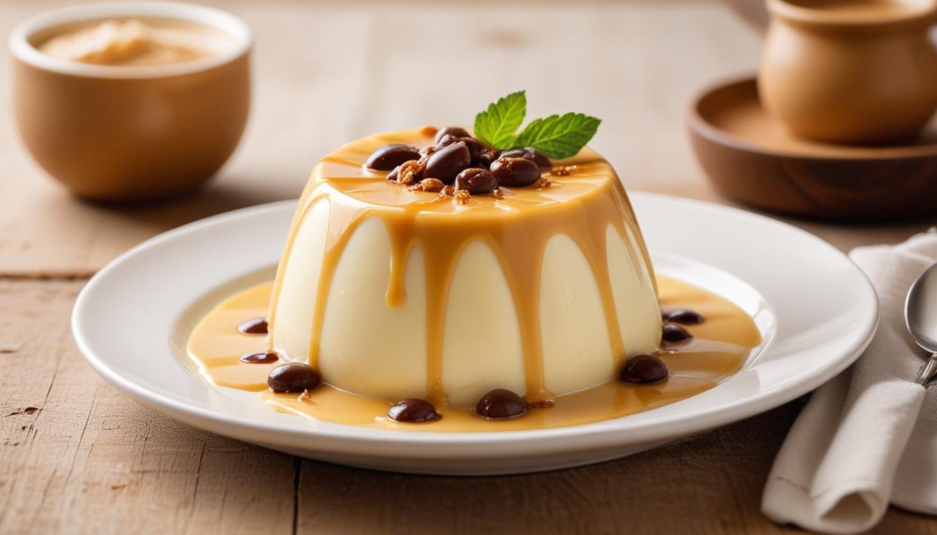 Pudim expresso cremoso desenformado em prato branco com fio de calda de caramelo por cima