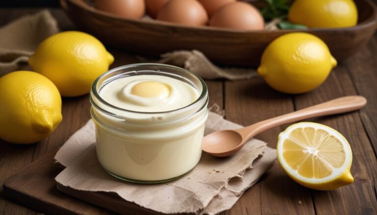 Maionese ultra rápida caseira cremosa em pote de vidro com limão e ovos ao fundo