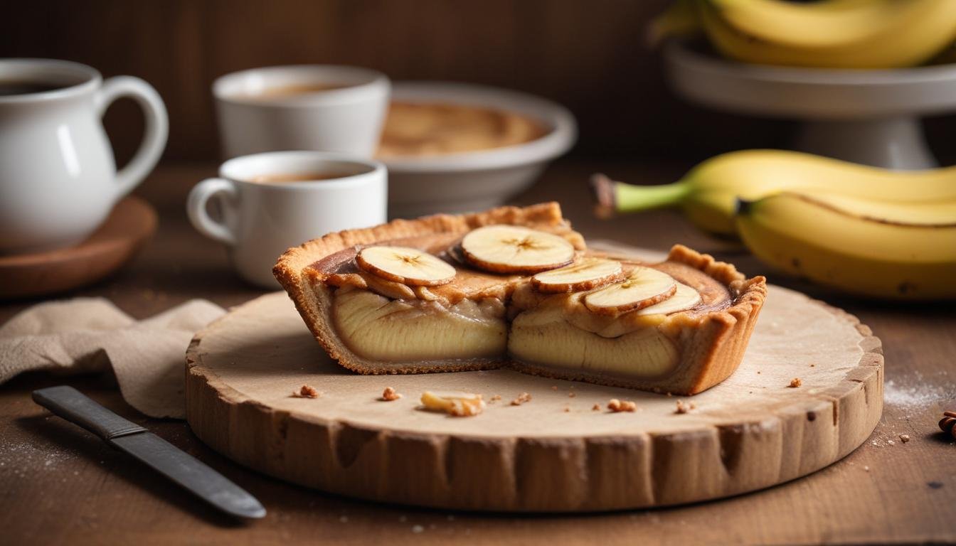 Fatia de torta de banana rápida com massa dourada e camadas de banana caramelizada, servida em tábua de madeira