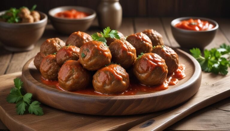 Almôndegas super rápidas douradas e suculentas servidas em tábua de madeira com molho de tomate e salsinha fresca