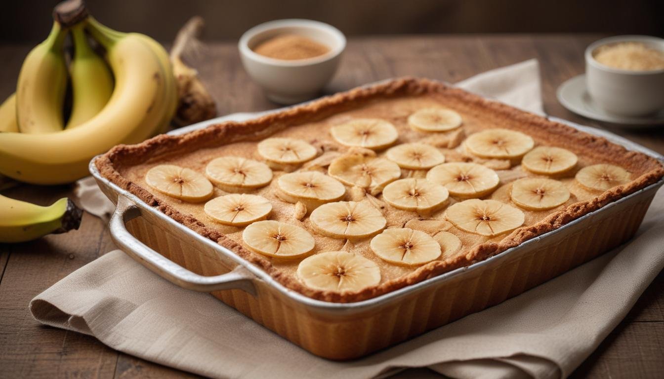 Torta rápida de banana com crosta dourada e polvilhada de canela, cortada em fatias numa forma retangular